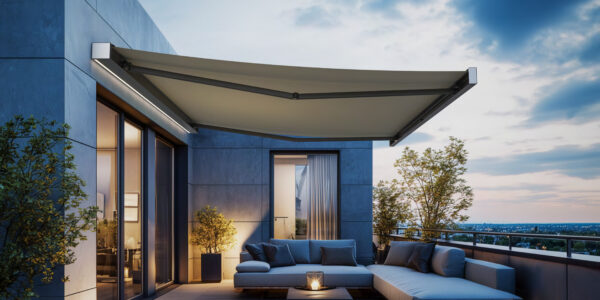 Moderne Dachterrasse bei Abenddämmerung mit weinor Smaila Kassettenmarkise, integriertem LED-Band, Lounge-Möbeln und Stadtblick.